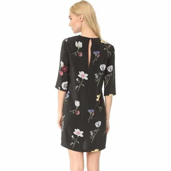 Equipment Femme Aubrey Silk Black Floating Floral Mini Shift Dress (107)